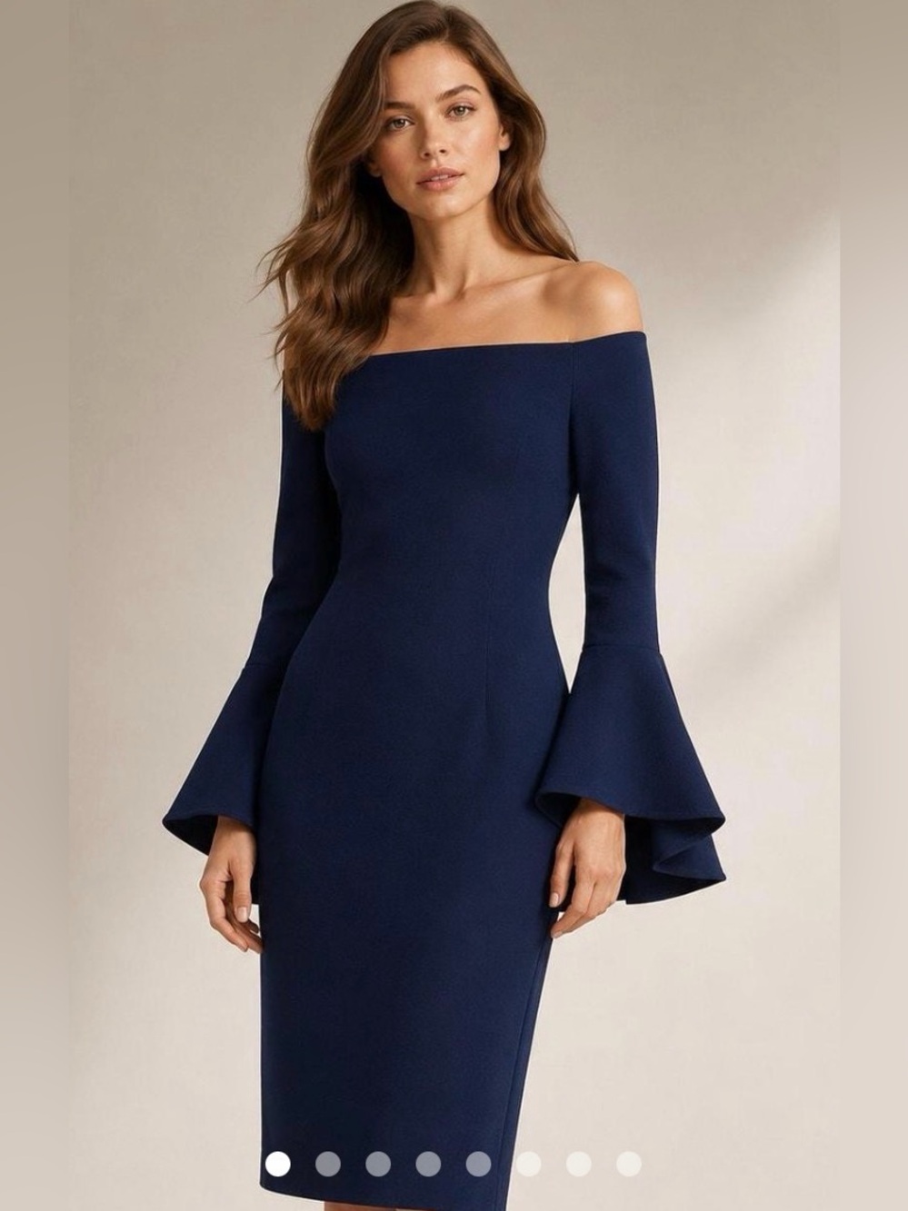 Bardot Navy Off-the-Shoulder Sheath Dress with Tiered Bell Sleeves